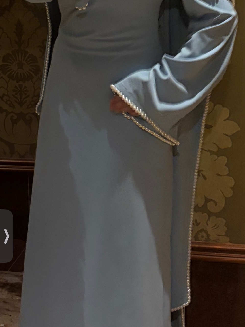 Graceful Sky Blue Long Sleeve Maxi Dress with Pearl Trim
